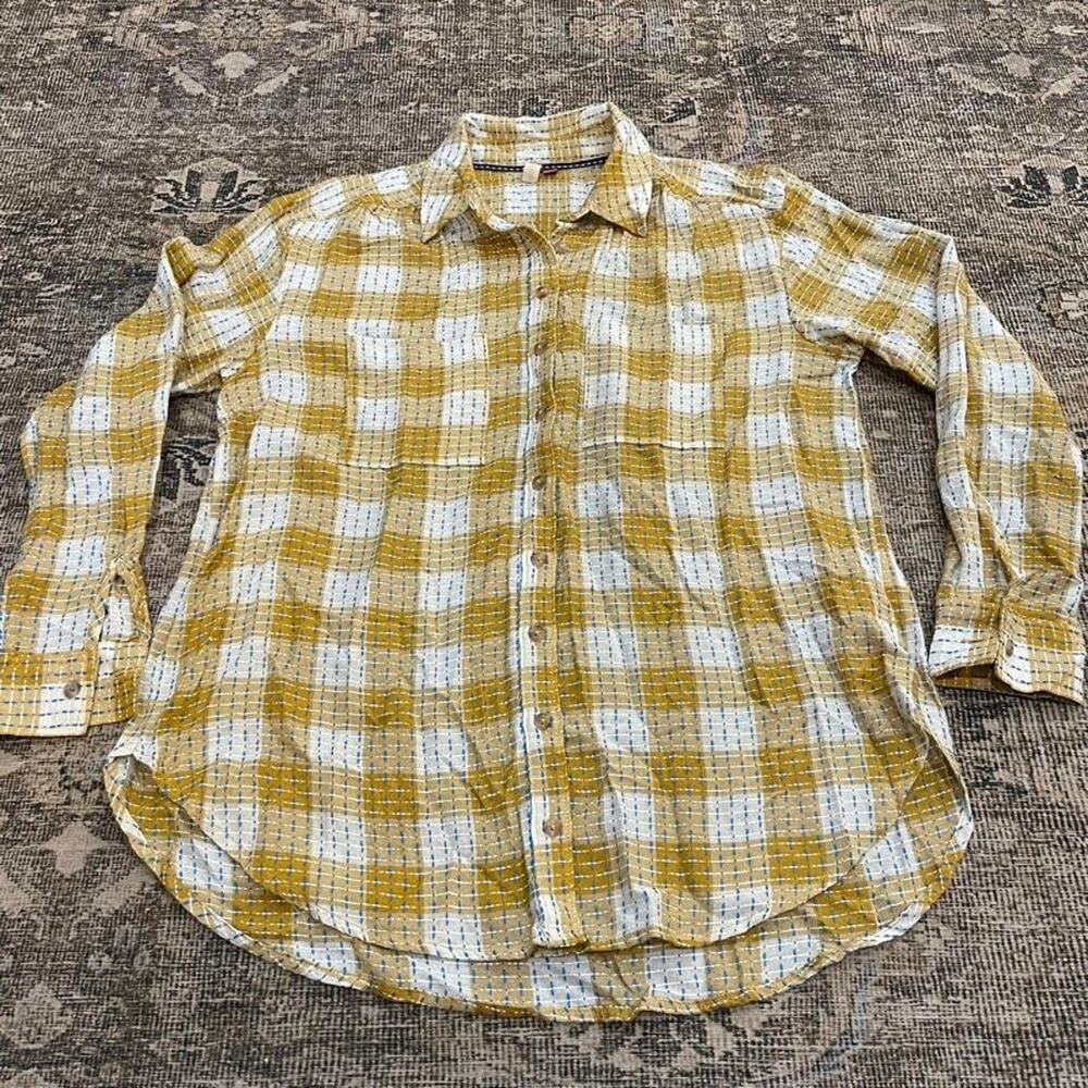 Pilcro Anthropologie Yellow Plaid Textured Button Down Shirt Womens S Viscose Wo